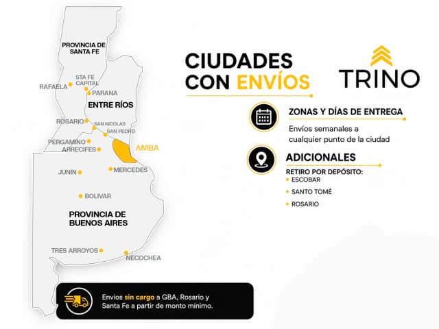 Mapa general de ciudades con envíos de Trino Diseños en Entre Ríos, Santa Fe y Buenos Aires